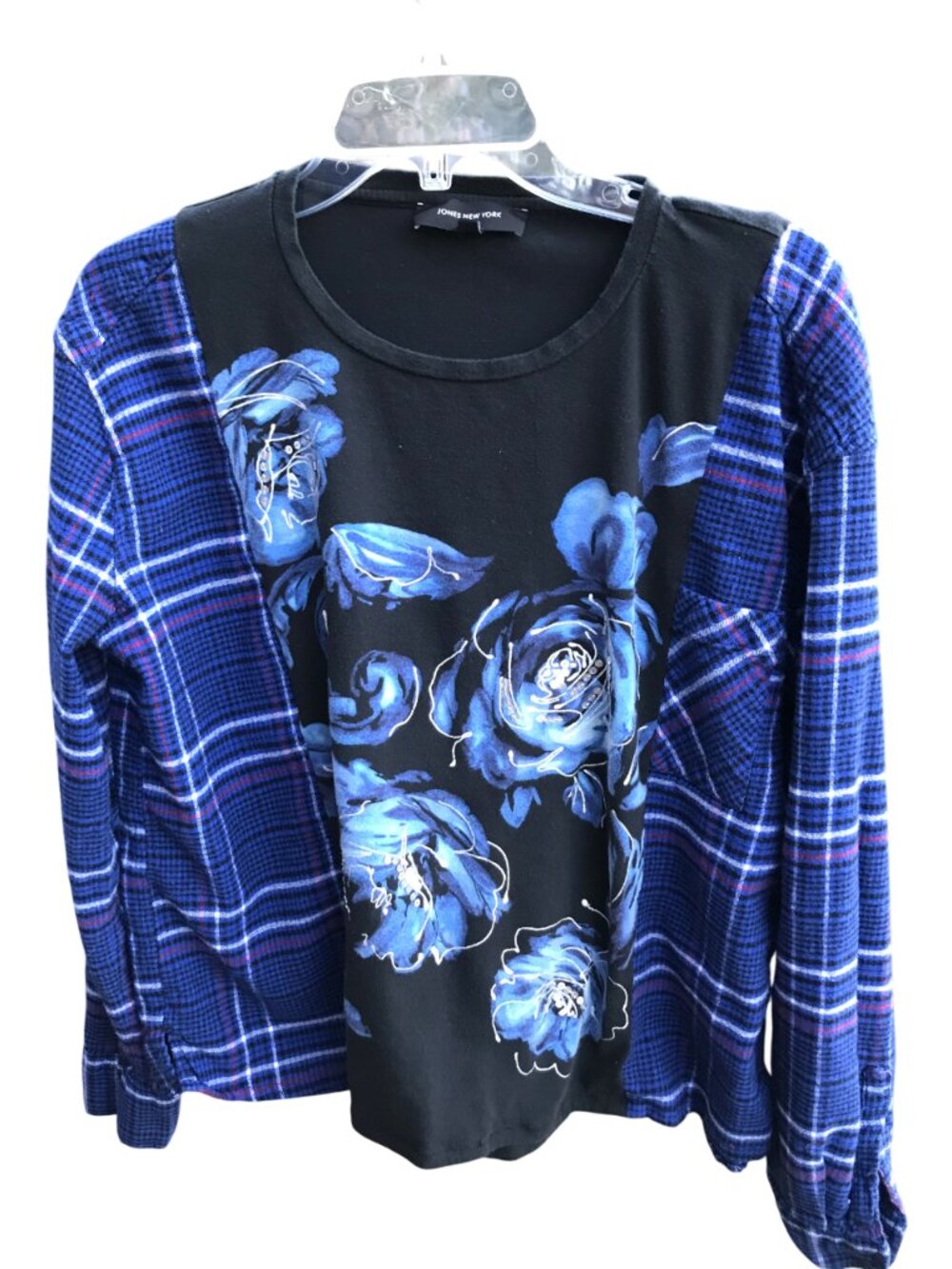 Reworked Flannel Tee, Upcycled Oversized Blue Roses Graphic Pullover Size S - M
